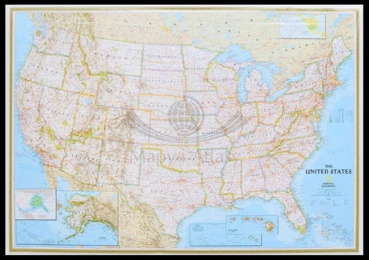 USA 1:4 561 000. Mapa polityczna w ramie drewnianej. Wydawnictwo: National Geographic