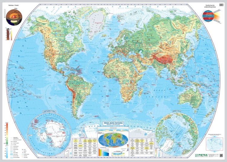 Świat 1:20 000 000. Mapa fizyczna magnetyczna. Wydawnictwo Piętka