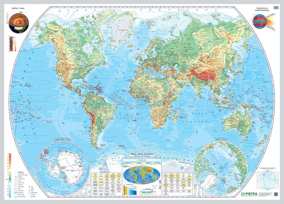 Świat 1:28 000 000. Mapa fizyczna do wpinania