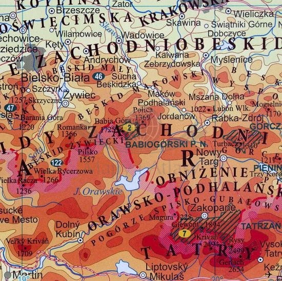 Polska 1:1 000 000. Mapa ścienna fizyczna. Fragment 7