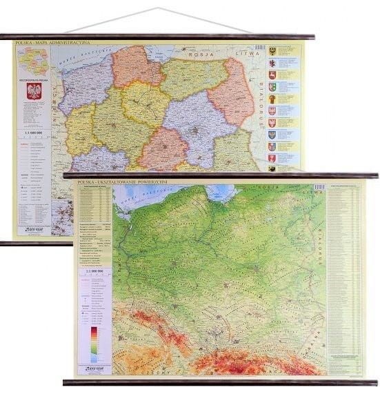 Polska 1:1 000 000. Dwustronna mapa ścienna. Administracyjna i fizyczna. Drewniane półwałki