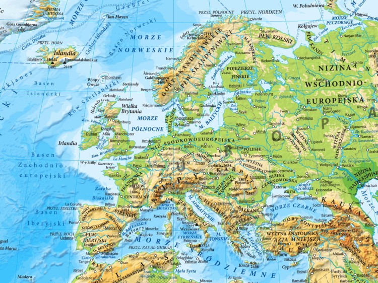 Świat 1:35 000 000. Mapa ścienna fizyczna. Fragment 1