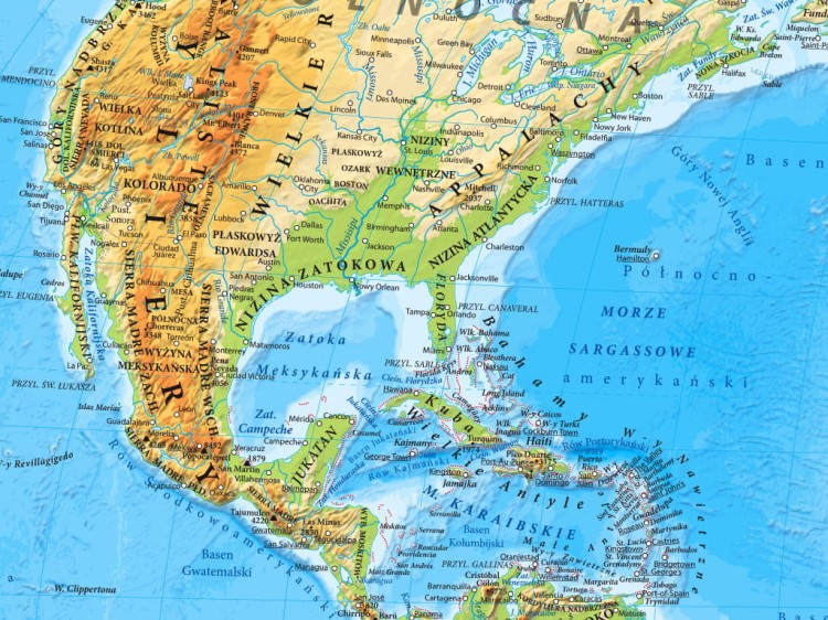 Świat 1:35 000 000. Mapa ścienna fizyczna. Fragment 2