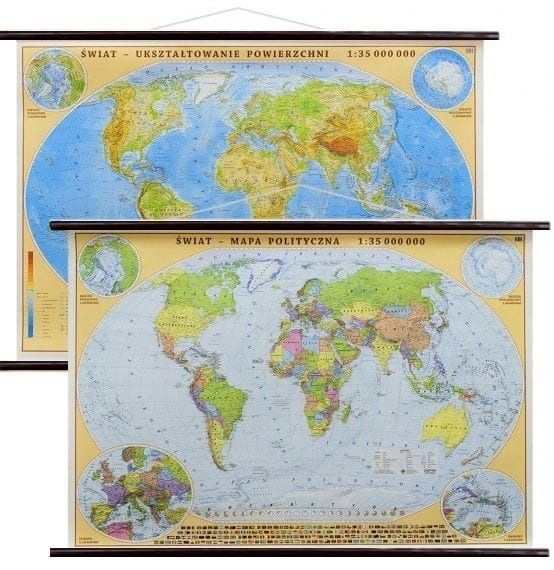 Świat 1:35 000 000. Dwustronna mapa ścienna. Polityczna i fizyczna. Drewniane półwałki