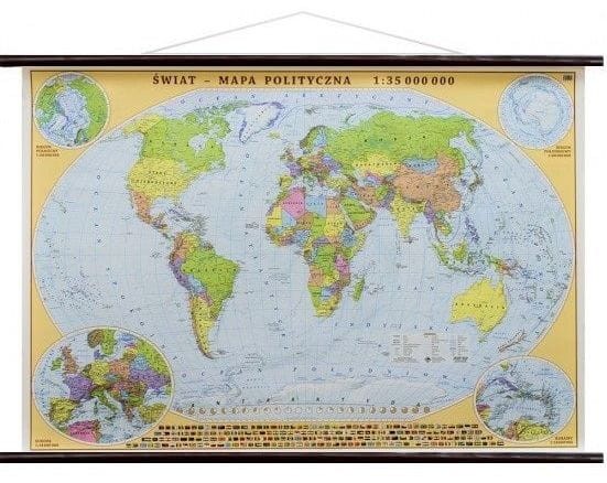 Świat 1:35 000 000. Mapa ścienna polityczna. Drewniane półwałki