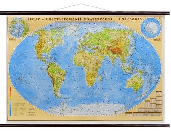 Świat 1:35 000 000. Mapa ścienna fizyczna. Drewniane półwałki