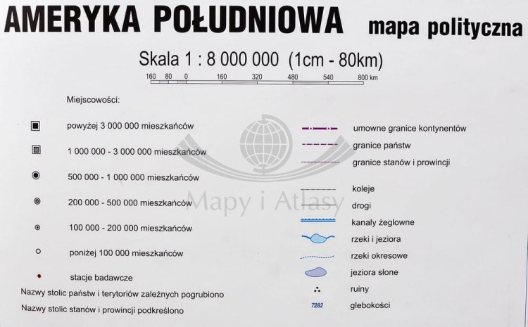 Ameryka Południowa 1:8 150 000. Dwustronna mapa ścienna. Polityczna i fizyczna. Strona polityczna - legenda