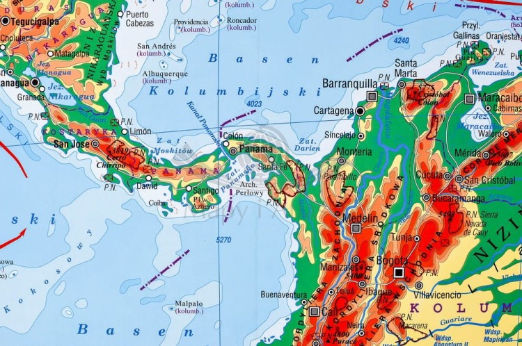 Ameryka Południowa 1:8 150 000. Dwustronna mapa ścienna. Polityczna i fizyczna. Strona fizyczna - fragment 2