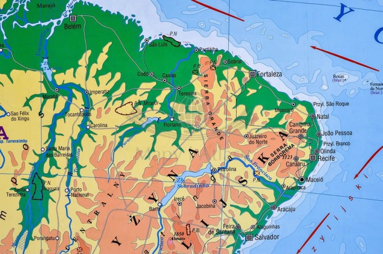Ameryka Południowa 1:8 150 000. Dwustronna mapa ścienna. Polityczna i fizyczna. Strona fizyczna - fragment 4