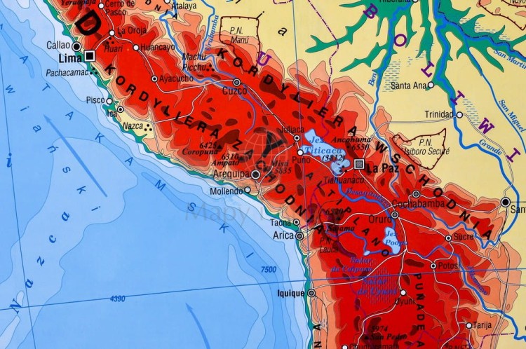 Ameryka Południowa 1:8 150 000. Dwustronna mapa ścienna. Polityczna i fizyczna. Strona fizyczna - fragment 5