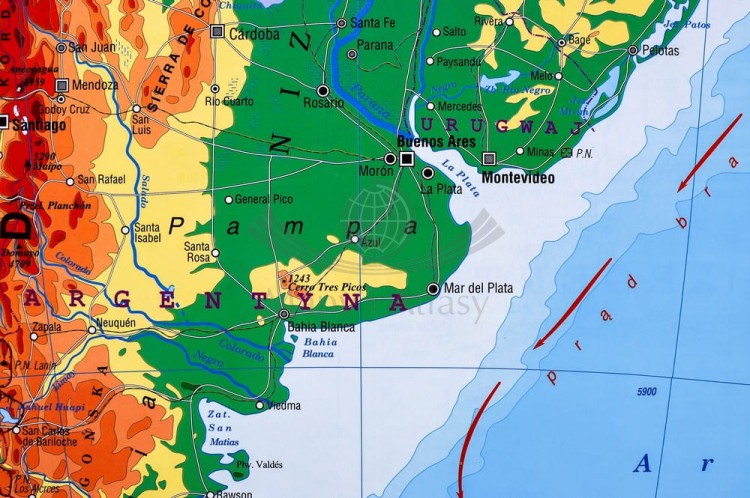 Ameryka Południowa 1:8 150 000. Dwustronna mapa ścienna. Polityczna i fizyczna. Strona fizyczna - fragment 6