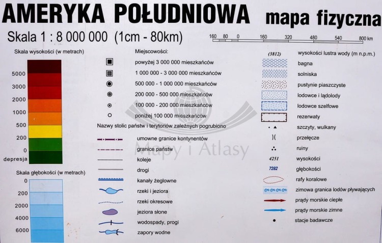 Ameryka Południowa 1:8 150 000. Dwustronna mapa ścienna. Polityczna i fizyczna. Strona fizyczna - legenda