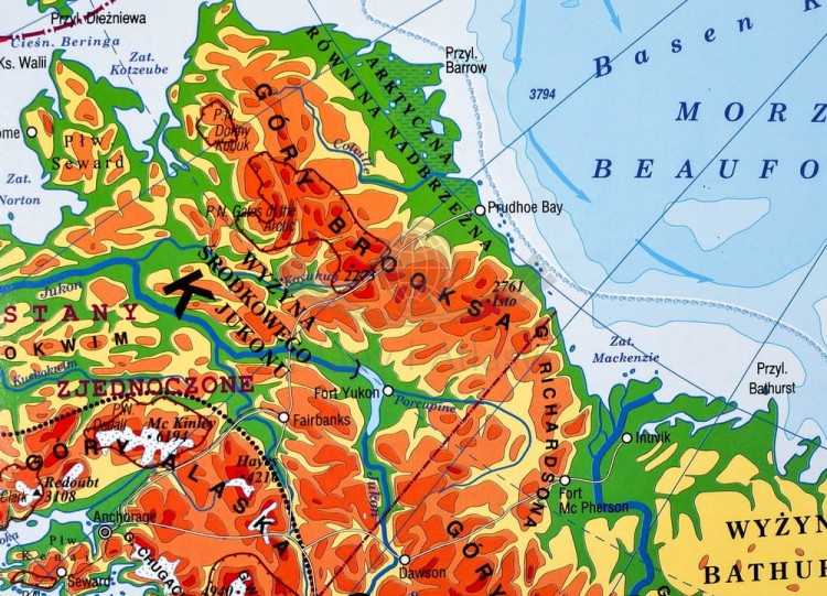 Ameryka Północna 1:9 000 000. Dwustronna mapa ścienna. Polityczna i fizyczna. Strona fizyczna - fragment 1