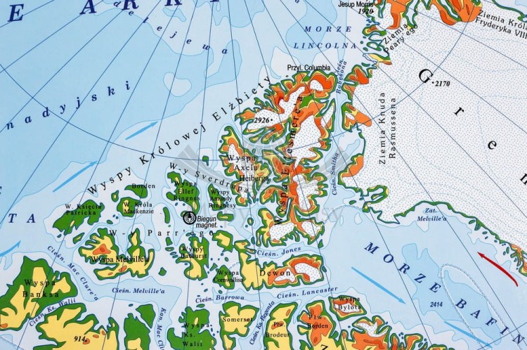 Ameryka Północna 1:9 000 000. Dwustronna mapa ścienna. Polityczna i fizyczna. Strona fizyczna - fragment 2