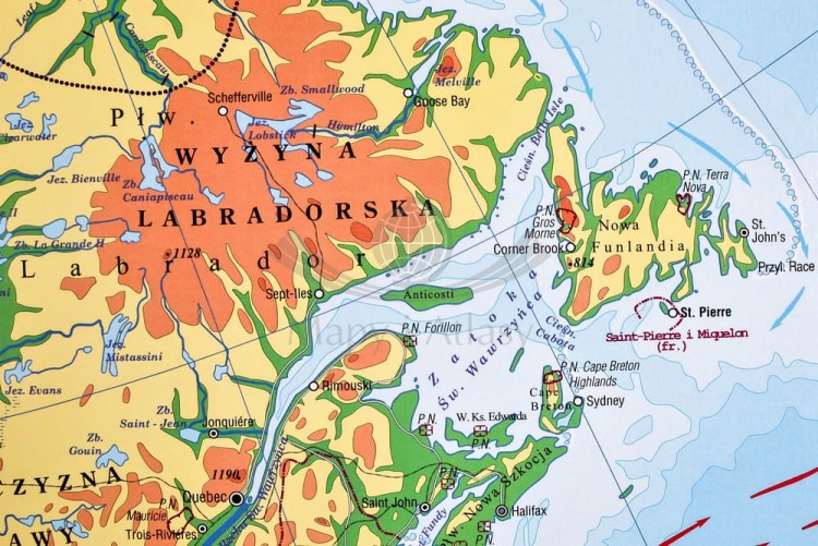 Ameryka Północna 1:9 000 000. Dwustronna mapa ścienna. Polityczna i fizyczna. Strona fizyczna - fragment 3