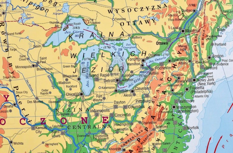 Ameryka Północna 1:9 000 000. Dwustronna mapa ścienna. Polityczna i fizyczna. Strona fizyczna - fragment 4
