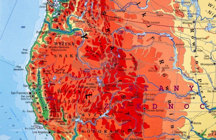 Ameryka Północna 1:9 000 000. Dwustronna mapa ścienna. Polityczna i fizyczna. Strona fizyczna - fragment 5