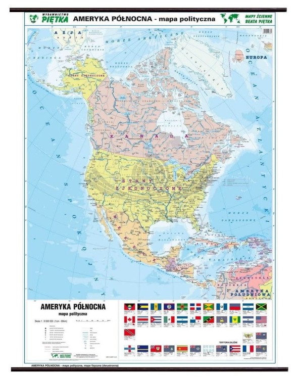 Ameryka Północna 1:9 000 000. Dwustronna mapa ścienna. Polityczna i fizyczna. Drewniane półwałki. Strona polityczna