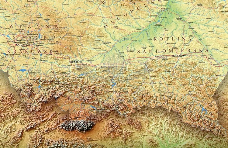 Polska 1:750 000. Mapa ścienna fizyczna z efektem 3D. Fragment 3