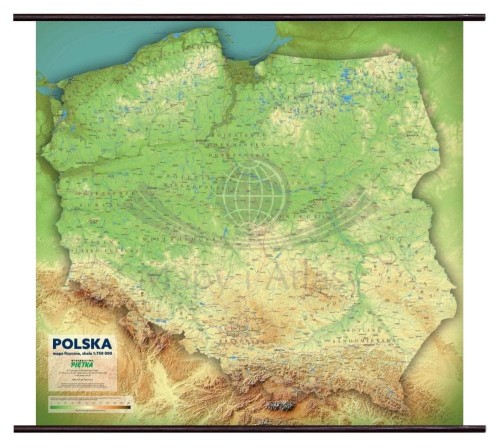 Polska 1:750 000. Mapa ścienna fizyczna z efektem 3D. Drewniane półwałki
