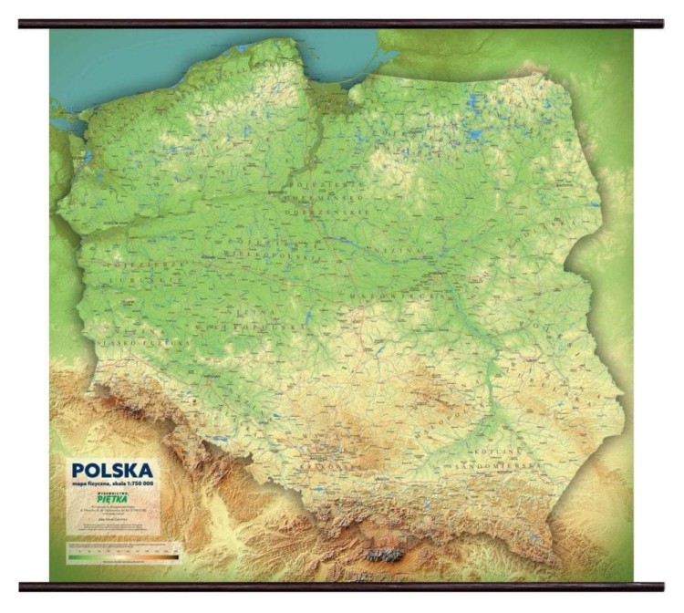 Polska 1:750 000. Mapa ścienna fizyczna z efektem 3D. Drewniane półwałki