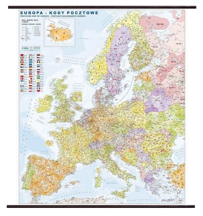 Europa 1:3 600 000. Mapa ścienna. Kody pocztowe. Drewniane półwałki
