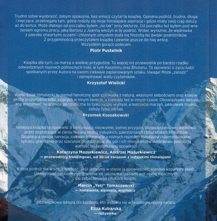 Wielki Szlak Himalajski. Indie, Pakistan, Bhutan. Autor: Bartosz Malinowski. Książka wydawnictwa Bezdroża. Okładka tył