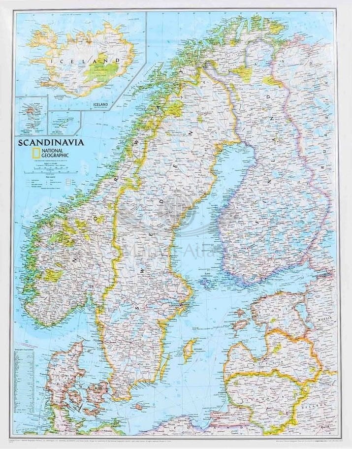 Skandynawia 1:2 763 000 / Islandia, Norwegia, Szwecja, Finlandia, Dania, Litwa, Łotwa, Estonia. Arkusz, mapa ścienna. National Geographic