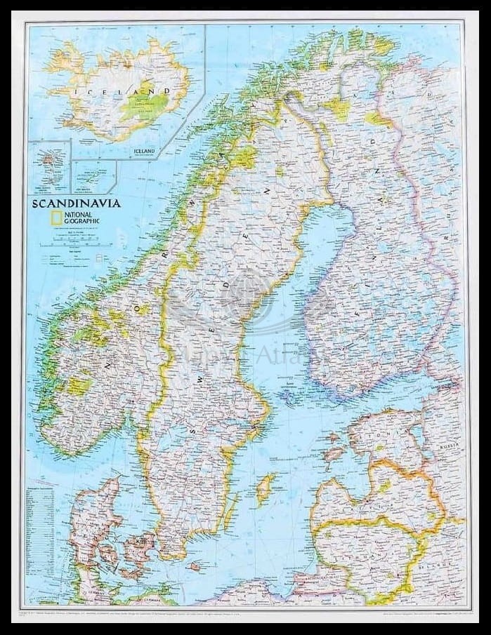 Skandynawia 1:2 763 000. Mapa w ramie drewnianej. Islandia, Norwegia, Szwecja, Finlandia, Dania, Litwa, Łotwa, Estonia. National Geographic