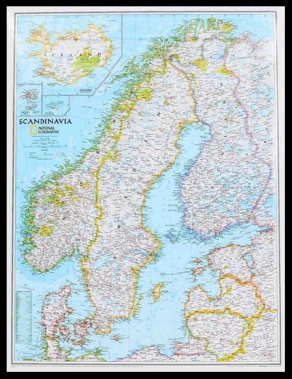 Skandynawia 1:2 763 000. Mapa w ramie drewnianej. Wydawnictwo: National Geographic