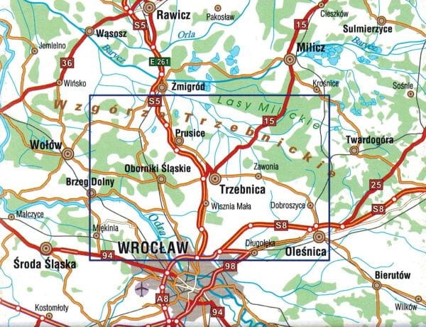 Wzgórza Trzebnickie 1:50 000. Oborniki Śląskie, Trzebnica, Prusice. Mapa turystyczna dla rowerzystów i piechurów wydawnictwa Galileos. Zasięg