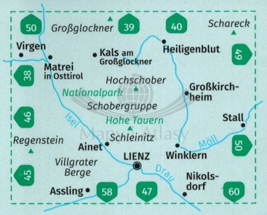 Lienz, Schobergruppe. Nationalpark Hohe Tauern. Wodoodporna mapa turystyczna 48 wydawnictwa Kompass. Zasięg