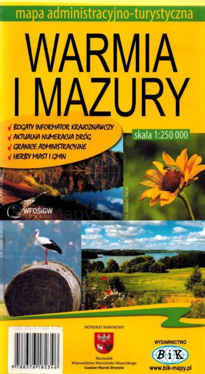 Województwo warmińsko-mazurskie / Warmia i Mazury. Laminowana mapa administracyjno-turystyczna wydawnictwa BiK. Okładka