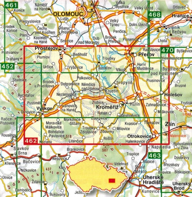 Hana, okolice Kromieryża / Hana, Kromerizsko. Mapa turystyczna 462 wydawnictwa Shocart. Zasięg