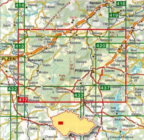 Okolice Przybramu / Brdy, Pribramsko, Rokycansko. Mapa turystyczna 417 wydawnictwa Shocart. Zasięg