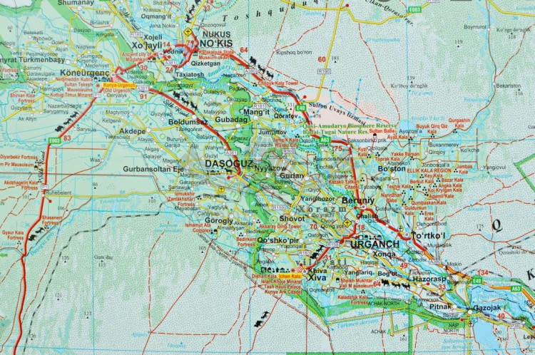 Uzbekistan 1:1 300 000. Mapa ścienna fizyczno-drogowa wydawnictwa Gizi Map. Fragment 1