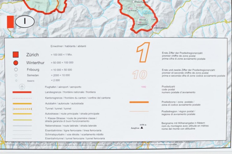 Szwajcaria 1:400 000. Mapa ścienna kodowo-drogowa. Legenda