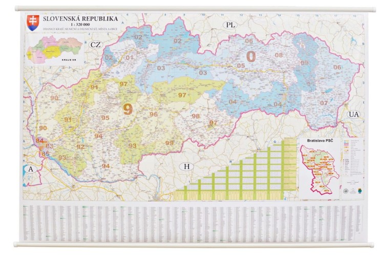 Słowacja 1:320 000. Mapa ścienna kodowo-drogowa