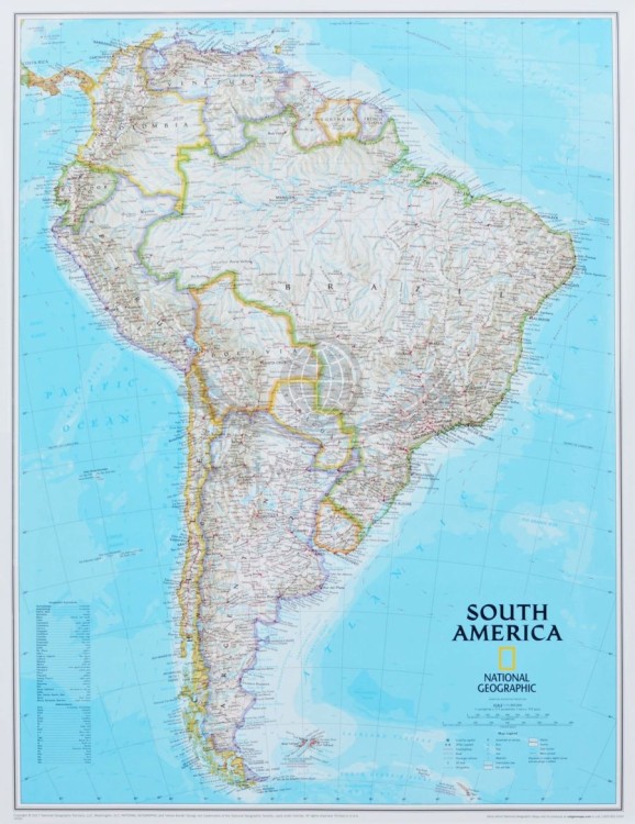 Ameryka Południowa 1:11 069 000. Arkusz, mapa ścienna polityczna wydawnictwa National Geographic