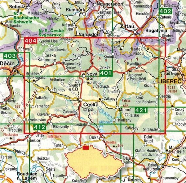 Góry Łużyckie / Luzicke Hory. Mapa turystyczna 404 wydawnictwa Shocart. Zasięg