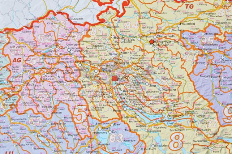 Szwajcaria 1:400 000. Arkusz, mapa ścienna kodowo-drogowa. Fragment 1