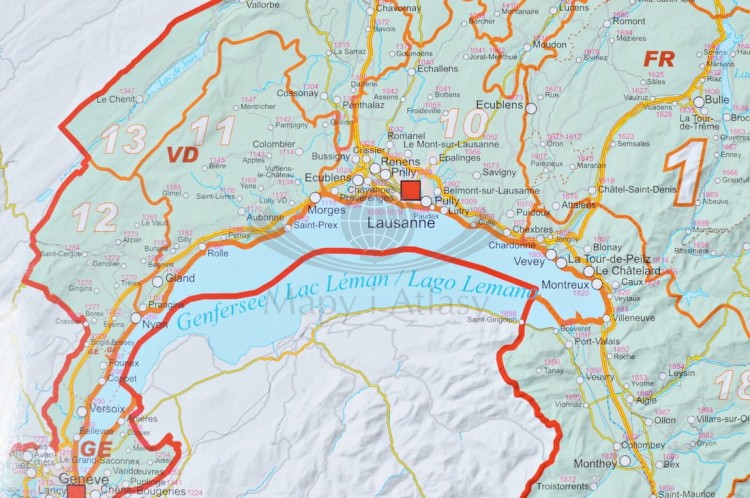 Szwajcaria 1:400 000. Arkusz, mapa ścienna kodowo-drogowa. Fragment 3