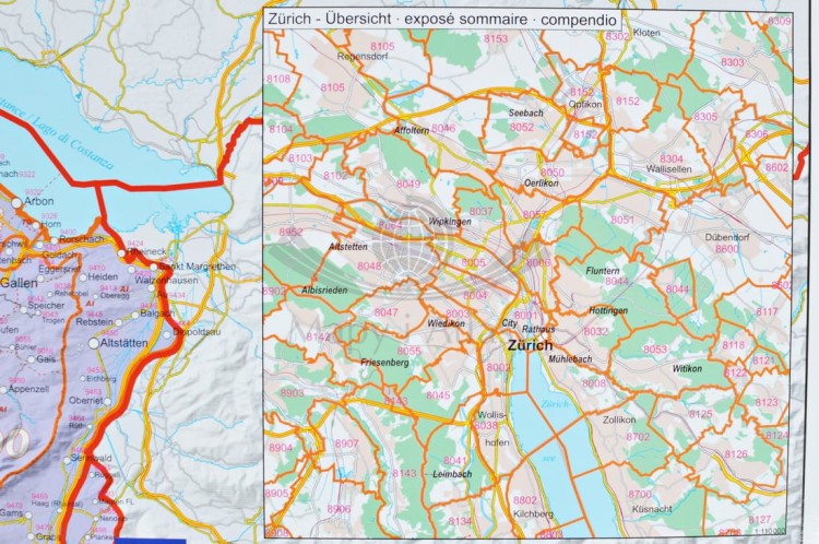Szwajcaria 1:400 000. Arkusz, mapa ścienna kodowo-drogowa. Fragment 5