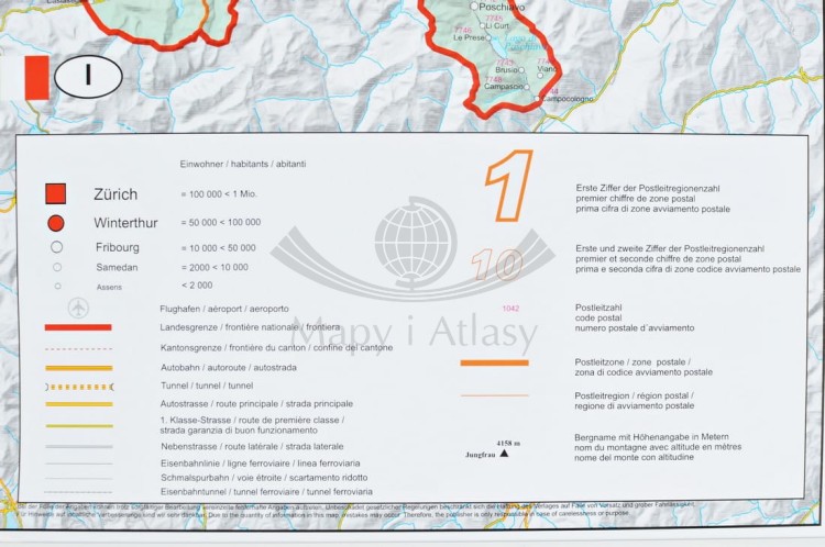 Szwajcaria 1:400 000. Mapa ścienna kodowo-drogowa w ramie drewnianej. Legenda