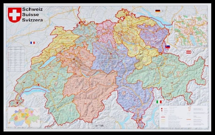 Szwajcaria 1:400 000. Mapa ścienna kodowo-drogowa w ramie drewnianej