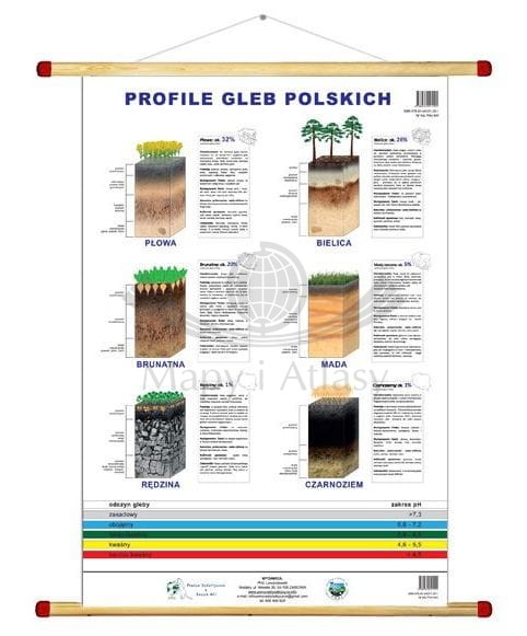 Profile gleb polskich. Plansza edukacyjna 70 x 100 cm. Oprawa w drewniane półwałki