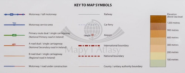 Wyspy Brytyjskie / Wielka Brytania i Irlandia 1:1 000 000. Mapa fizyczno-drogowa. Rama alu SLIM. Legenda