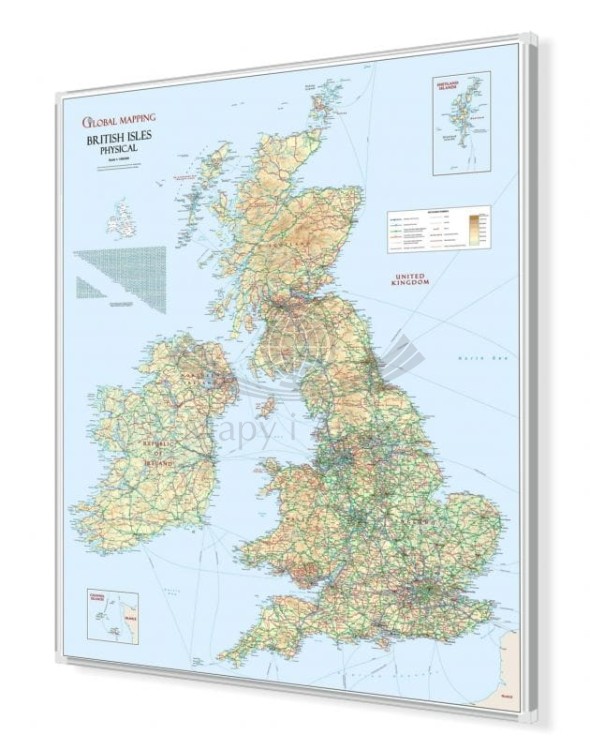 Wyspy Brytyjskie / Wielka Brytania i Irlandia 1:1 000 000. Mapa fizyczno-drogowa w wersji do wpinania. Rama alu SLIM