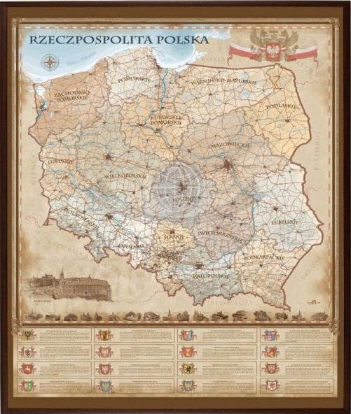 Rzeczpospolita Polska. Mapa administracyjno-drogowa, stylizowana. Wersja do wpinania