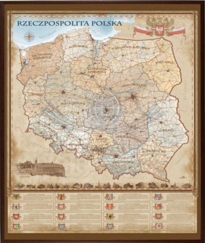 Rzeczpospolita Polska. Mapa administracyjno-drogowa, stylizowana. Wersja do wpinania